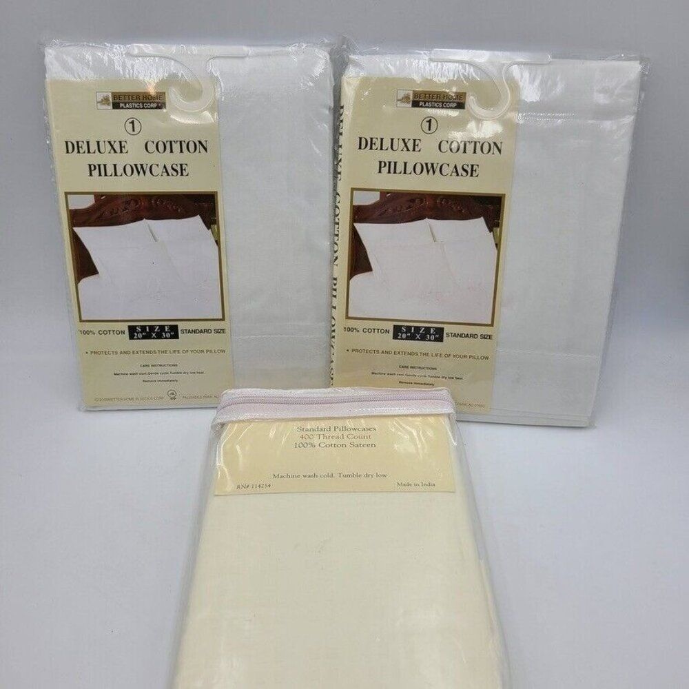 Better Home Corp Standard Pillowcases White Cotton Sateen 400 TC 20" x 30" Lot 3